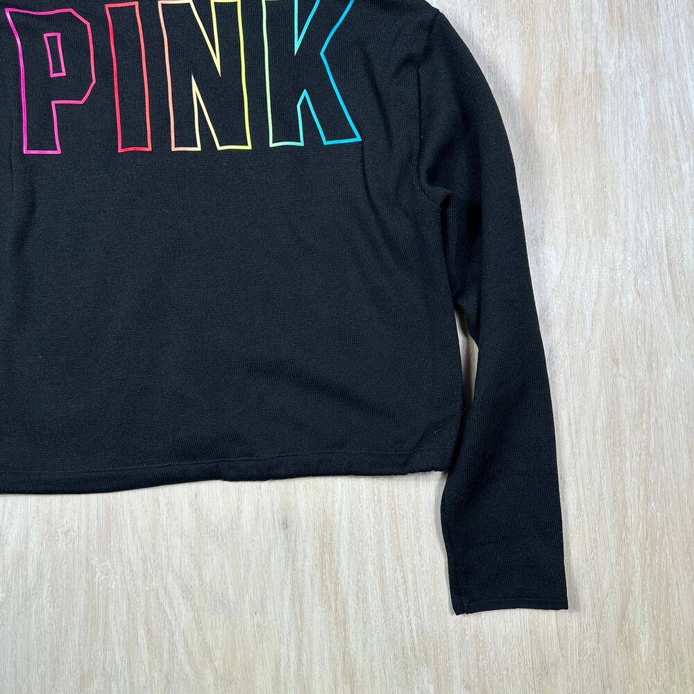 PINK Victoria's Secret Black Pullover Crop Hoodie Y2K Casual Rainbow Logo Small - Picture 10 of 11